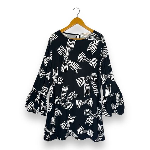 Ann Taylor LOFT NWT Women Bow Flounce Cuff Mini Dress L Black White Bell Sleeve - Picture 2 of 14